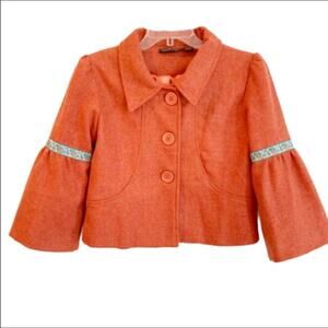 Liza Byrd Jacket Wool Tangerine Orange Blue Trim Bell Sleeve Button Front Jacket